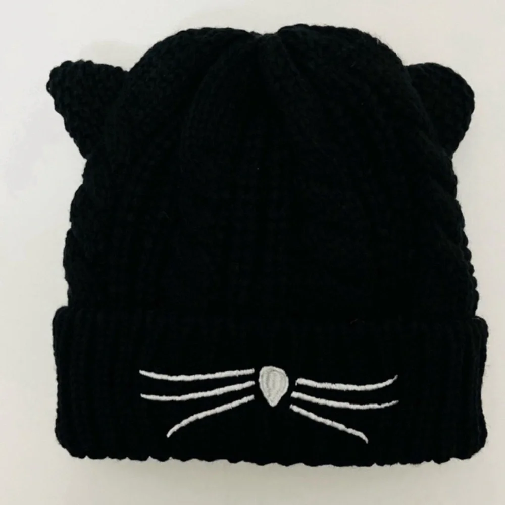 New Black Cat Embroidery Stretchy Knit Hat Beanie Cap Unisex One Size Fits Most - Picture 3 of 6